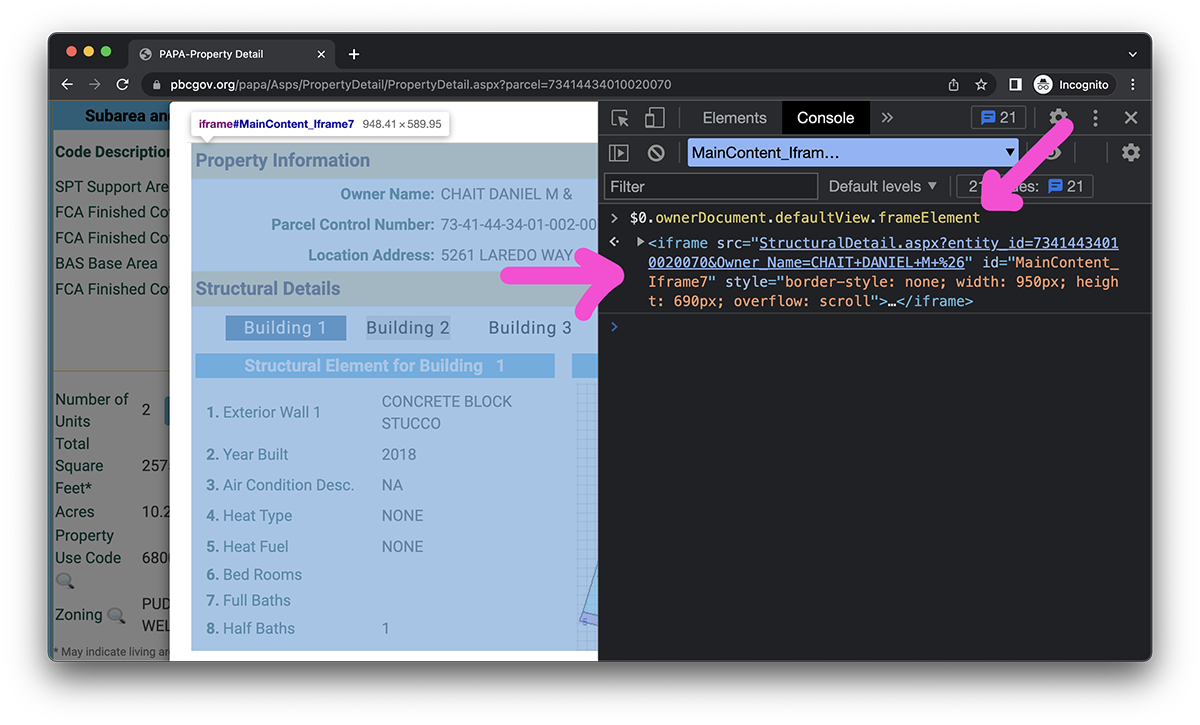 result of ownerDocument frameElement with the dom element