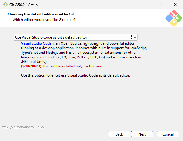 Pick Visual Studio Code as Git's default editor