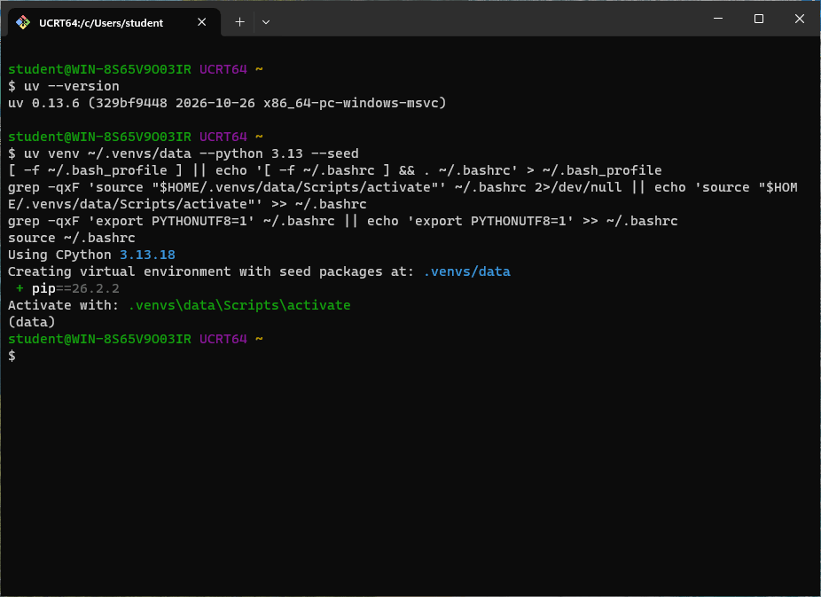 Creating the data environment in Git Bash